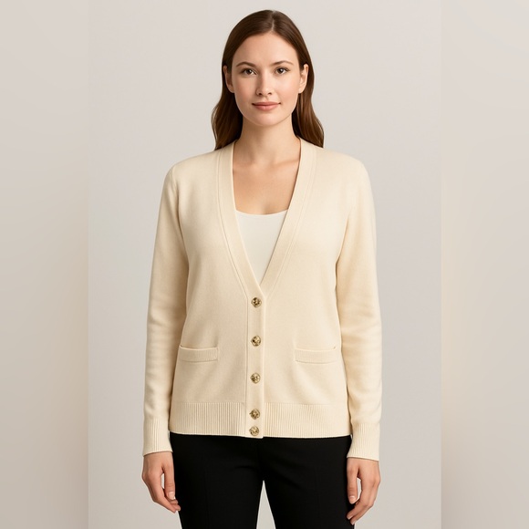 St John Knit Sweaters - St. John Caviar Vintage Beige Knit Cardigan Gold Floral Buttons Classic Luxury M